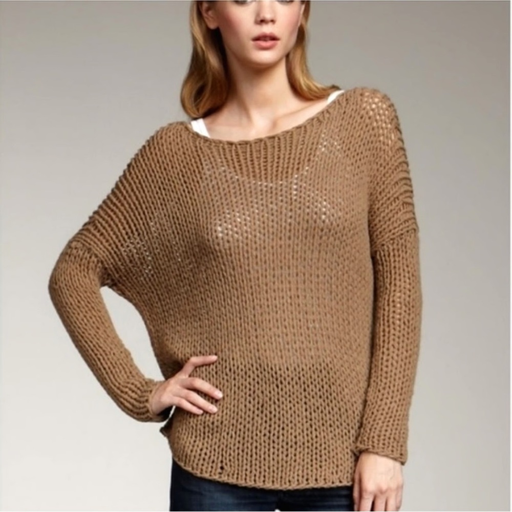 Vince Boat Neck Open Weave Chunky Knit Wool Sweater in Tan